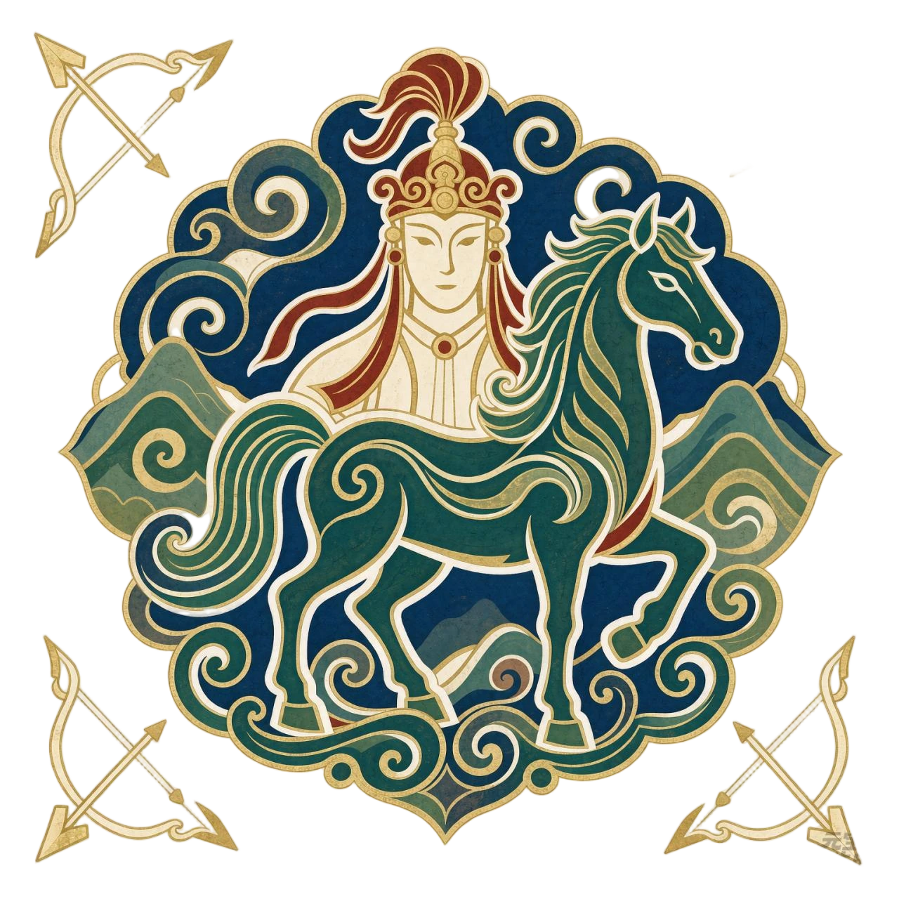 骑者圆形构图，蓝金云山围合人物与马